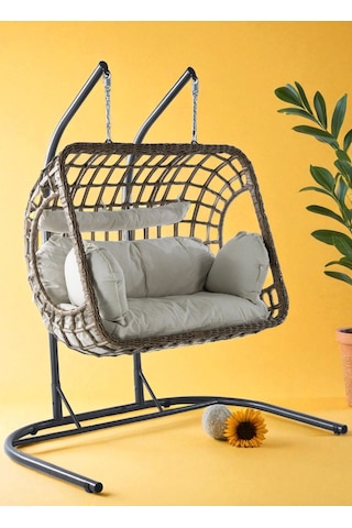 Salyan Elma Dilimi Tasarım Rattan İki Kişilik Bahçe & Balkon Salıncağı Minderli, Dayanıklı Metal Gövde Kahverengi