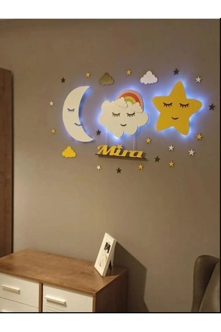 Çocuk Odası Dekoratif Ahşap Ay Gökkuşağı Bulut Yıldız Gece Lambas