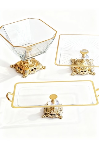 Gold 3 Parça Pasta & Kurabiyelik Sunum Seti Altın - Gold