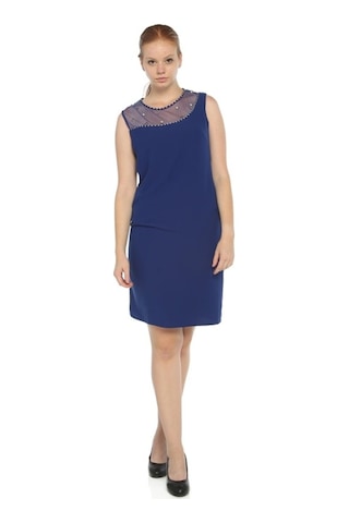 4011Asx-Nidya Moda Büyük Beden Elbise Krep Saks Mavi