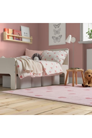 Pembe Kalp Desenli Çocuk Oda Halısı, Meridyendukkan 133 x 160 CM Kauçuk Kaymaz Taban