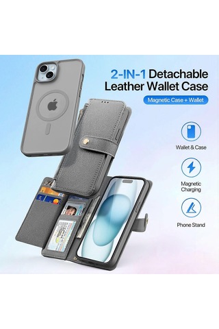 İphone 15 Plus Kılıf Dux Ducıs Lawa Serisi Ayrılabilir Manyetik Dana Derisi Deri Kapak Fermuar Çok Renkli