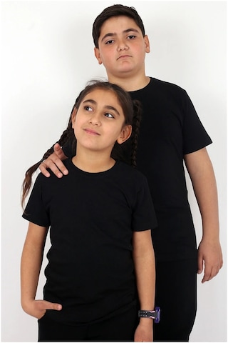 Basic Bisiklet Yaka %100 Pamuk Likralı Düz Unisex Çocuk T-shirt SIYAH