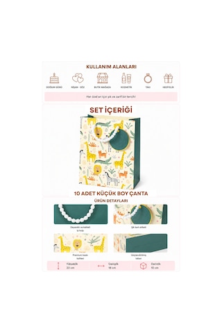 10 Adet 15.4 X 18.4 X 7.6 Cm - Safari Hayvan Desenli Küçük Boy Karton Hediye Çantası 3+