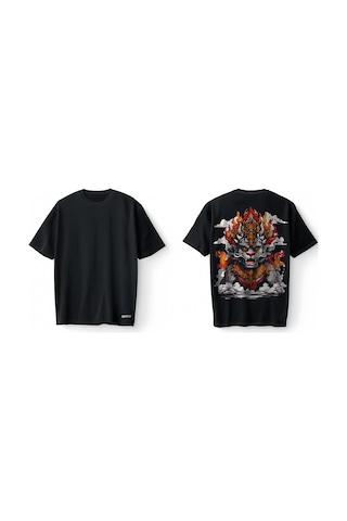Bumeta Mythical Fire Lion Oversize Unisex Tişört T-shirt Siyah