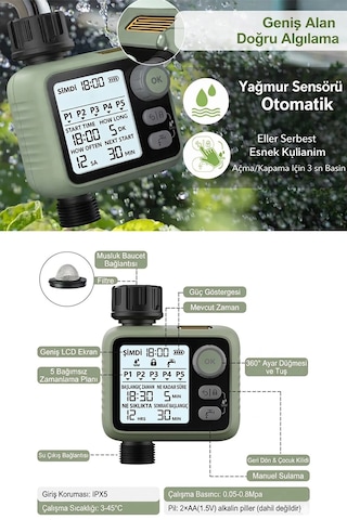 Otomatik Bahçe Sulama Zamanlayıcısı - 5 Programlı Lcd Ekranlı Akıllı Sulama Sistemi Ipx5 Su Geçirmez