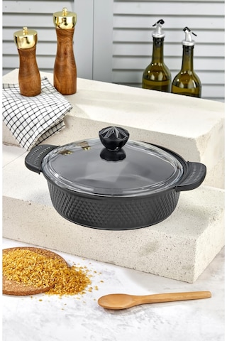 Cooker Kristal Serisi Döküm Granit Silikon Saplı 28 Cm Basık Tencere Siyah