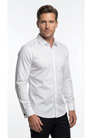 Erkek Klasik Gömlek Pamuklu Esnek Kumaş,slim Fit Uzun Kollu, Fransız Manşetli Plus Scorpion Beyaz