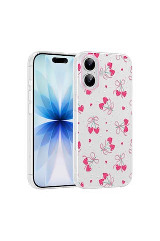 Apple iPhone Uyumlu 16 Kılıf Kamera Korumalı Desenli Zore Klip Kapak - Kalpli Kiraz -
