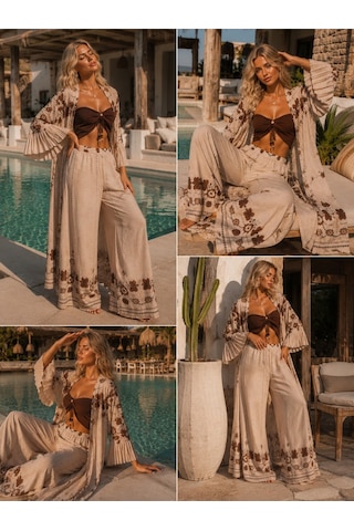 Na Addesıgn Bohem Luxe 4 Parça Plaj Takımı Oversize Kimono Pantolon Set Kahve Büstiyerli Kahverengi