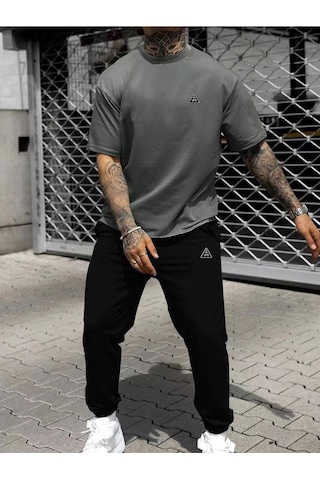 Ufo Logo Füme T-shirt Siyah Eşofman Altı Jogger- Baskı Alt Üst Eşofman Takımı Oversize Bisiklet Yak Füme Siyah