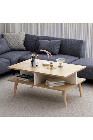 Dekorosso Poloo Ahşap Ayaklı Modern Orta Sehpa 90Cm Beyaz-Safir