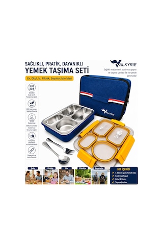 Valkyrie 304 Paslanmaz Çelik 4 Bölmeli Sarı Lunch Box Termal Çantalı Sızdırmaz Beslenme Kabı, Çatal Kaşık Dahil