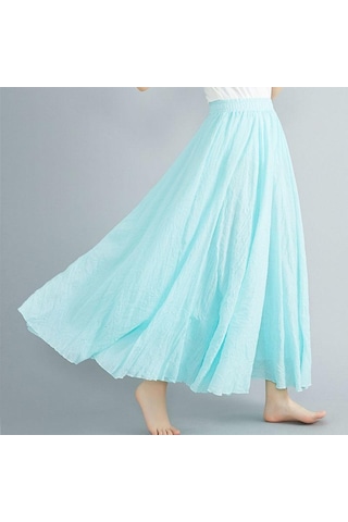 Yaz Sonbahar Kadın Etek Edebi Büyük Boy Pamuk Keten Yarım Etek Elastik Bel Keten A-line Etek Uzun Bölüm Saf Renk Rüzgar Salıncak Etek Su Mavisi