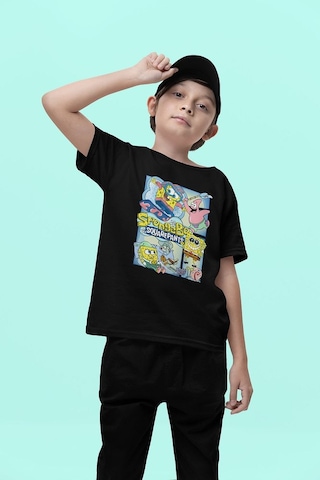 Sevbano Süngerbob Ve Patrick Baskılı Unisex Çizgi Film Çocuk Tişört 1-12 Siyah