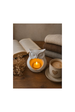 Minimalist Baykuş Mumluk Led Işıklı Organik Pla 3d Dekoratif Gece Lambası Şık Ev & Hediye Ürünü Bej Bej