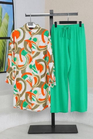 Polologin Butik Geometrik Desenli Gömlek Elbise Tunik Yeşil Turuncu Turuncu