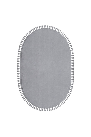 Vl Oval Comfort Overloklu Peluş Halı Beyaz Saçaklı Oval Gri