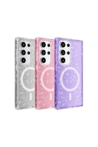 Galaxy Uyumlu S24 Ultra Kılıf Magsafe Şarj Özellikli Parlayan Simli Saydam Renkli Uzrm Allstar Kapak - Pemb Pembe