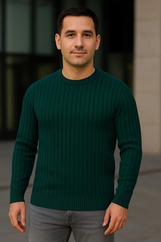 Veraura Lifestyle Erkek Bisiklet Yuvarlak Yaka Triko Kazak Pamuklu Kalın Fitilli Dokuma, Regular Fit Uzun Kollu Kışlık Model - Haki