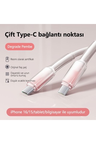 Buz Kristal Dokuma 65w Hızlı Şarj Kablosu 1 Metre Type C Bağlantılı 100 Cm