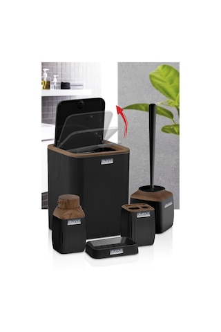 Okyanus Home Ahşap Desenli Çizgili 5'Li Banyo Seti - Siyah