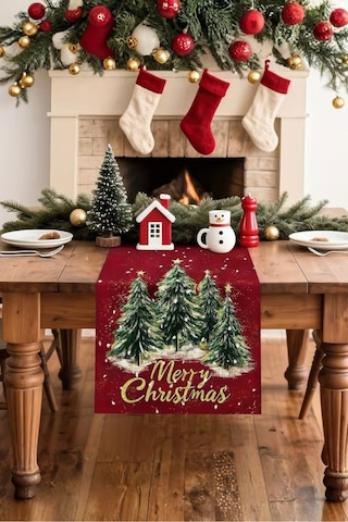 Yılbaşı Konseptli Runner Yılbaşı Dekorasyon Masa Örtüsü Noel Merry Christmas Kırmızı Örtü Kırmızı - 807138394 Kırmızı