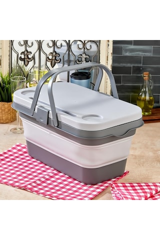 Bigmate Portatif Katlanır Piknik Seti 25lt Silikon Sepetli Masalı Piknik Sepeti Gri