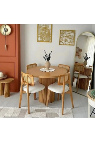 Depp Yuvarlak Ahşap Masa Takımı Bohem 4 Kişilik Mutfak Masa Sandalye Takımı Krem