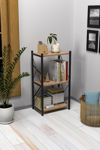 Morpanya Veni Metal Tekli Kitaplık 3 Raflı Çok Amaçlı Dosya Kitap Rafı Ofis Salon Rafı Ceviz