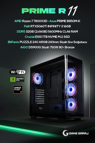 Game Garaj PRIME-R11 R7-7800X3D 16 GB RTX5060Ti 32 GB 1 TB SSD Free Dos Oem Paket Masaüstü Oyuncu Bilgisayarı