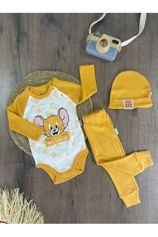 2d2b Hello Friends Alttan Çıtçıtlı Bereli Unisex 3lü Bebek Takım Sarı