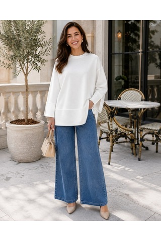 Unika Boutique Kadın Oversize Yırtmaçlı Uzun Kollu Salaş Bluz Beyaz