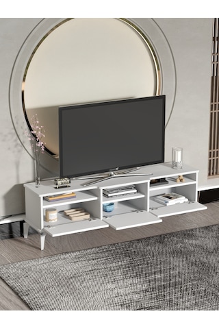 Tv Sehpası 160 Cm Kapaklı Raflı Televizyon Ünitesi Salon Oturma Odası Tv Sehpa Mistral Beyaz