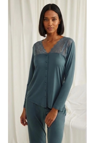 Biçomi Lüks Dantelli Önden Düğmeli Lohusa & Günlük Konfor Pijama Takımı Yeşil