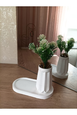 Mini Düz Desenli Beton Saksı Tekli Ve Oval Tabak - Yapay Çiçek Hediyeli - Beyaz Tomurcuk