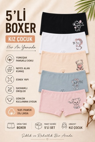 Nicoletta Kız Çocuk Boxer Külot 5 Li Paket Pamuklu Likralı Çok Renkli