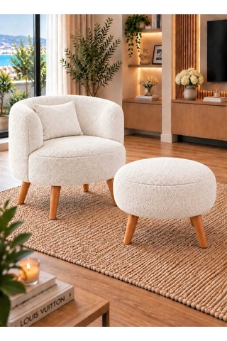 Marbella Teddy Kumaş Berjer Puf Hediyeli, Ahşap Ayaklı Dekoratif Tekli Koltuk Çay Seti Beyaz