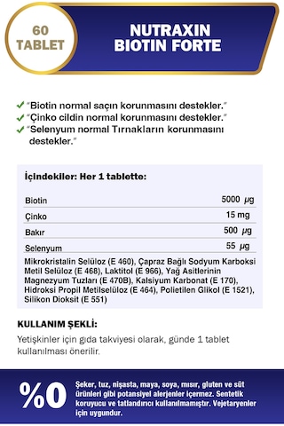 Nutraxin Biotin Forte 5.000 Mcg 60 Tbl - Biyotin, Çinko, Selenyum, Bakır Saç ve Tırnak Vitamini