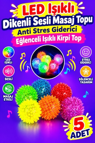 Alpmodel Led Işıklı Dikenli Sesli Masaj Topu Anti Stres Giderici Eğlenceli Işıklı Kirpi Top 5 Adet