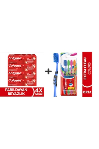 Colgate Optic White Parıldayan Beyazlık 50 Ml X4 Adet + Extra Clean Colors Diş Fırçası 3+1 Beyazlık