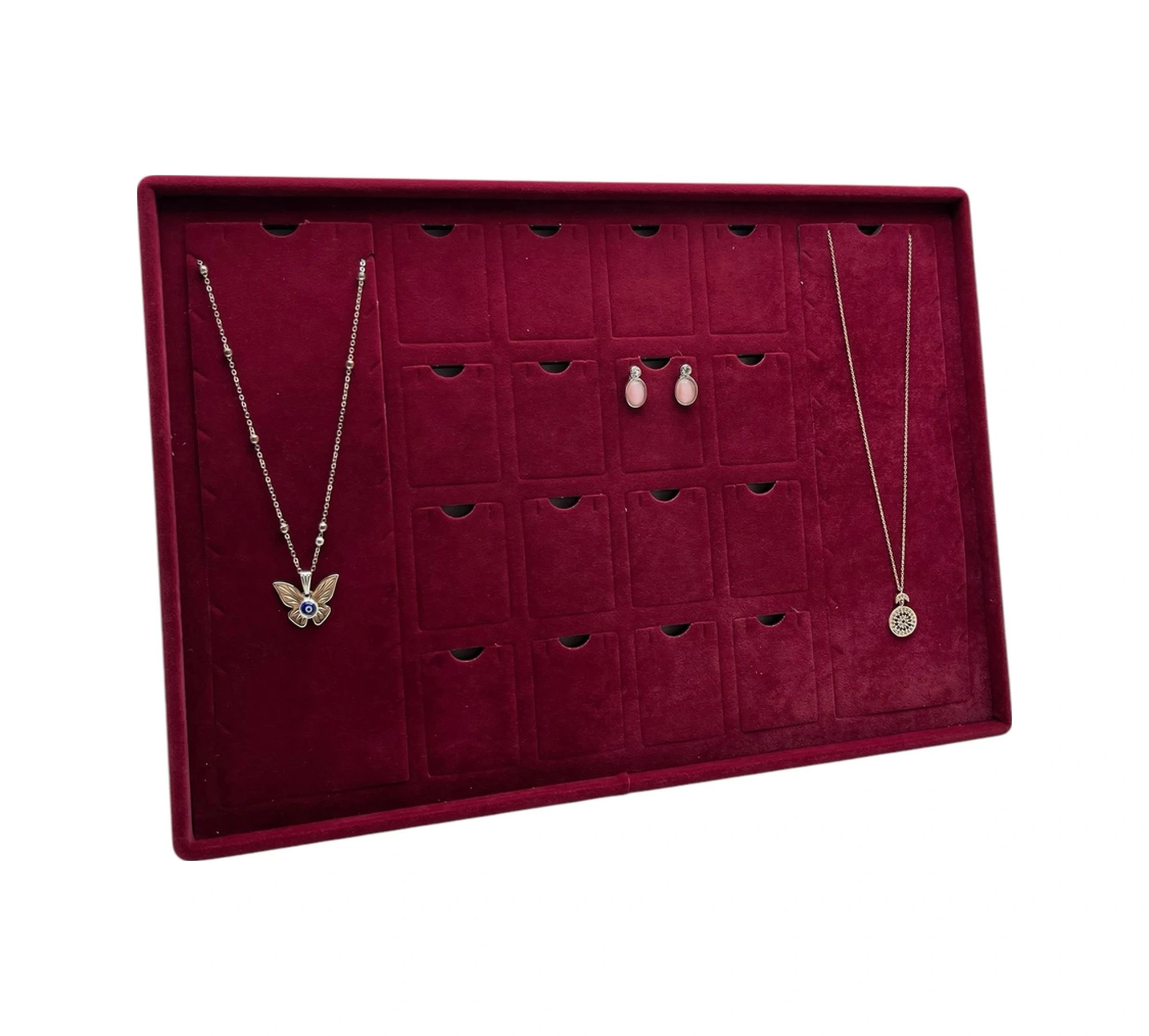 Süet Kumaş Bordo 34-24 Cm Ayaklı 18 Pedli Kolye Tabla Stand