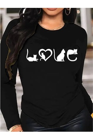 Soonaksesuar Kadın Uzun Kollu Bisiklet Yaka Baskılı Viskon Bluz Siyah