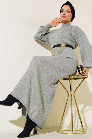 Bigdart 15900 Boydan Tesettür Triko Elbise - Gri