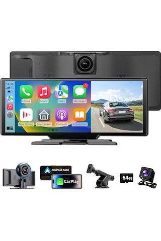 10,26 4k Kablosuz Carplay & Android Auto Ekran, Dash Cam & Geri Görüş Kameralı