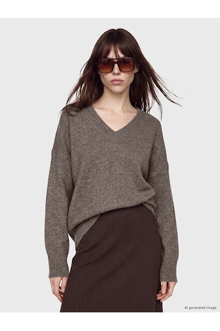 Lcw Vision Kahverengi V Yaka Oversize Kadın Triko Kazak