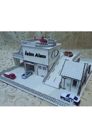 Ahşap 3 Katlı Otopark ve Gaz İstasyonu Beyaz