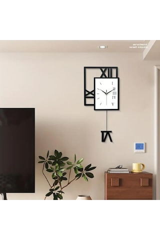Cajuart Kare Tasarım Geometrik Roma Rakamlı Sallanan Sarkaçlı Duvar Saati Sessiz Siyah - Beyaz