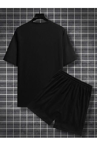 X Smile T-shirt Şort - Siyah Alt Üst Kombin Şort Tişört Takım Baskılı Oversize Bisiklet Yaka Siyah