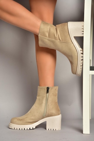 Fox Shoes T726911102 Bej Süet Kalın Topuklu Kadın Bot Bej